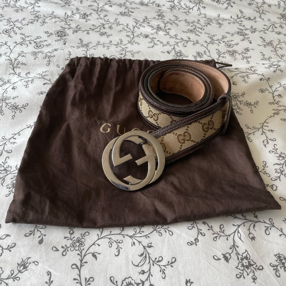 Gucci belt, brown monogram silver buckle